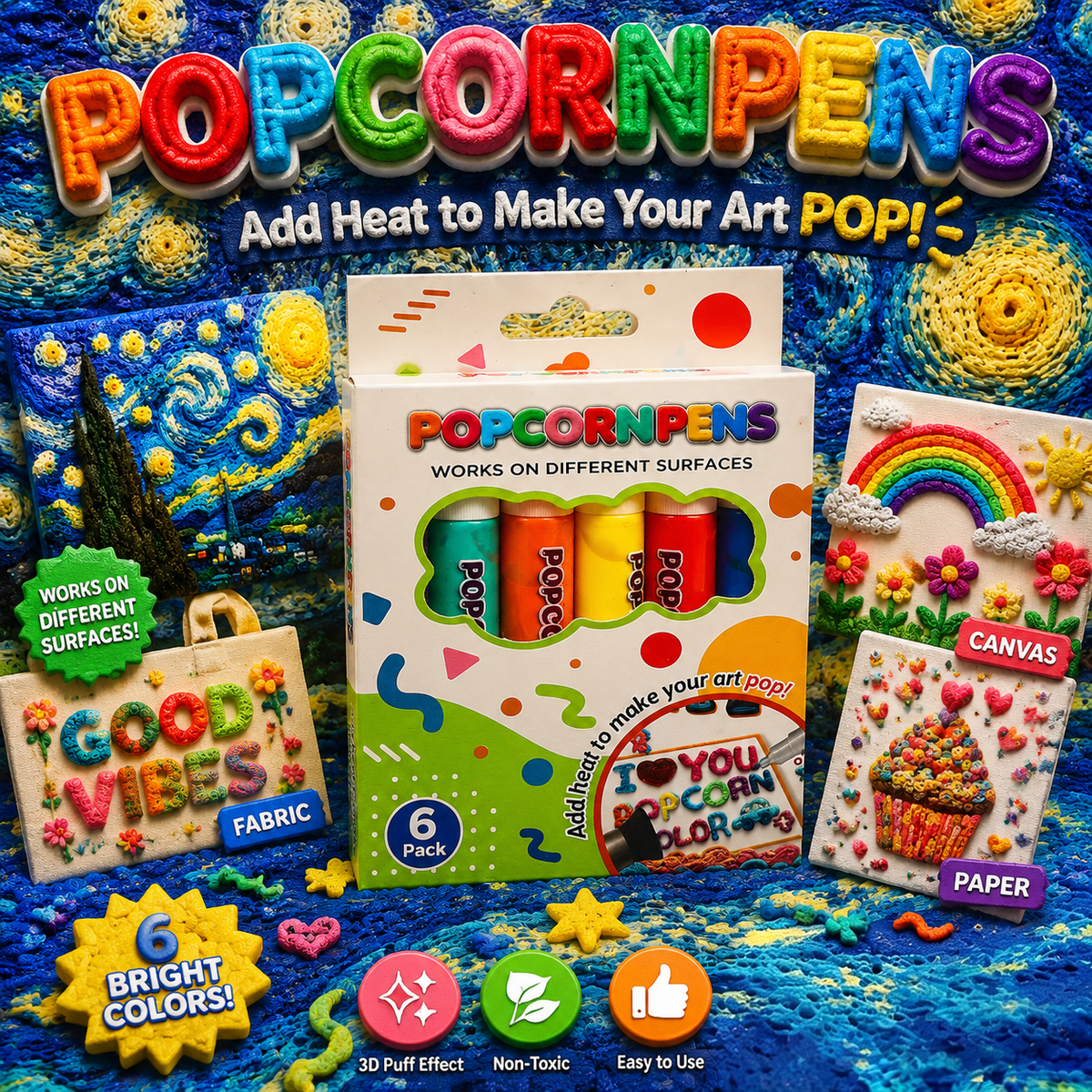 Colourful 3D relief art pen set and finished craft examples